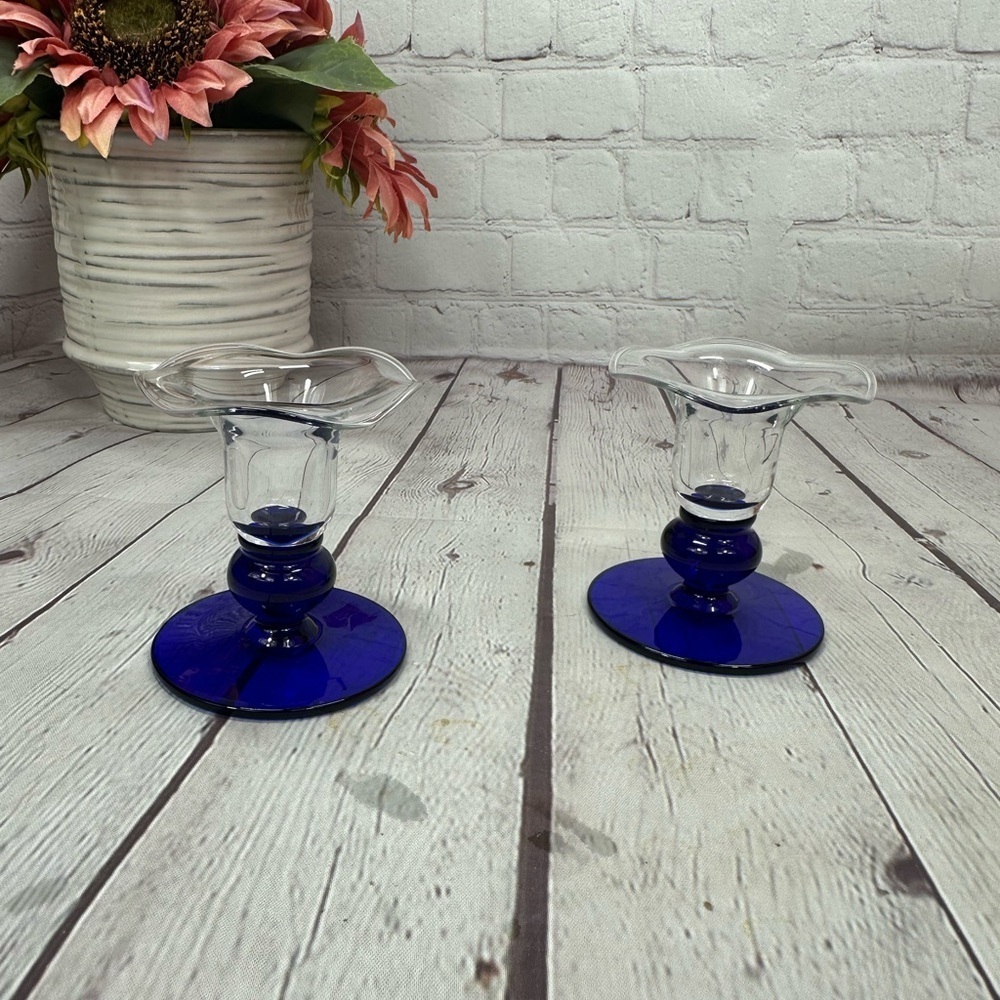 vintage princess hill sapphire royal Blue Glass Candlestick Holders 2pc